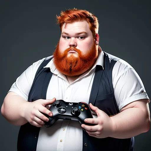 Prompt: Fat anime guy with a red beard holding a Xbox controller 