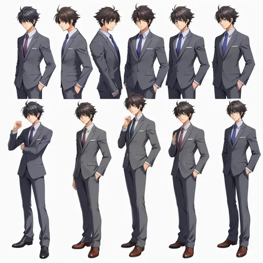 Prompt: A handsome anime character, wearing a suit, the same character, the same set of clothes, 0 degrees, 45 degrees, 90 degrees, 135 degrees, 180 degrees, 225 degrees, 270 degrees, 315 degrees, pictures from different perspectives, high-quality, full body, no background,