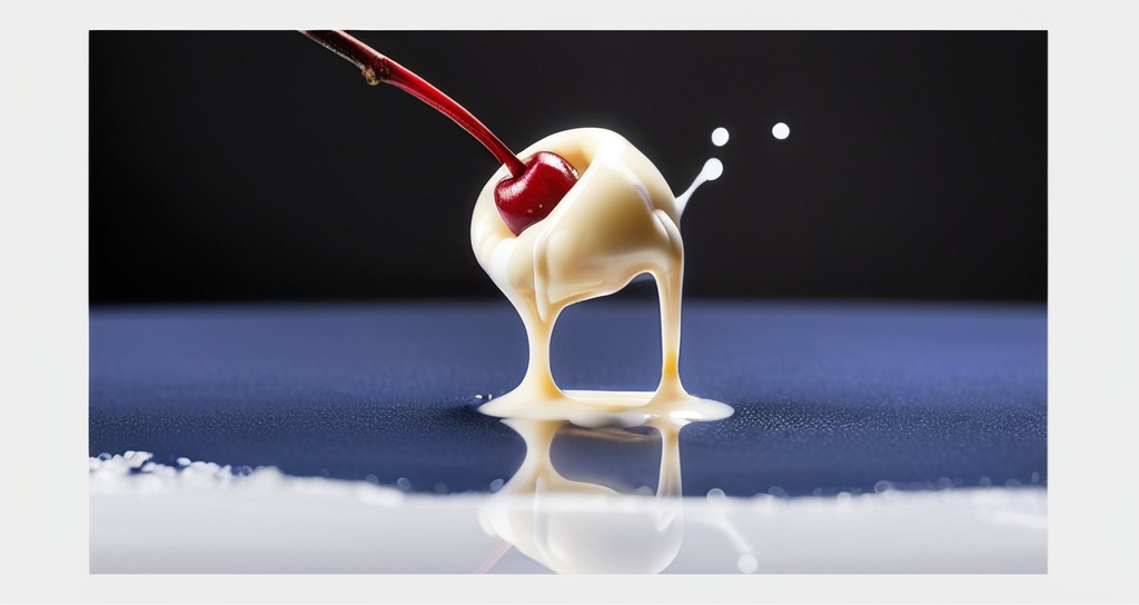 Prompt: Change the object in the middle into a red cherry with sticky white condensed milk dripping from it.