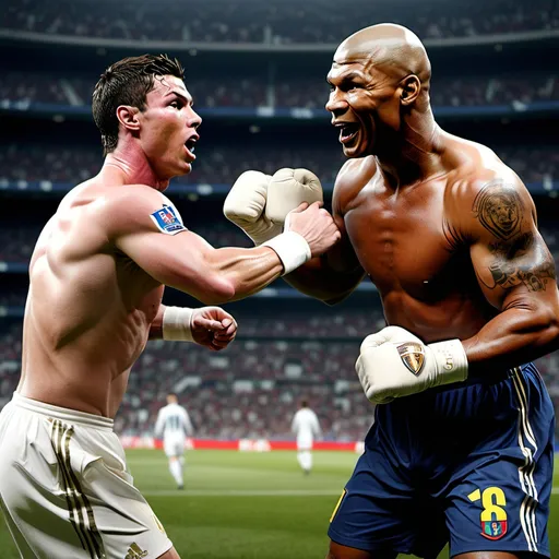 Prompt: cristiano ronaldo and mike tyson beating up messi