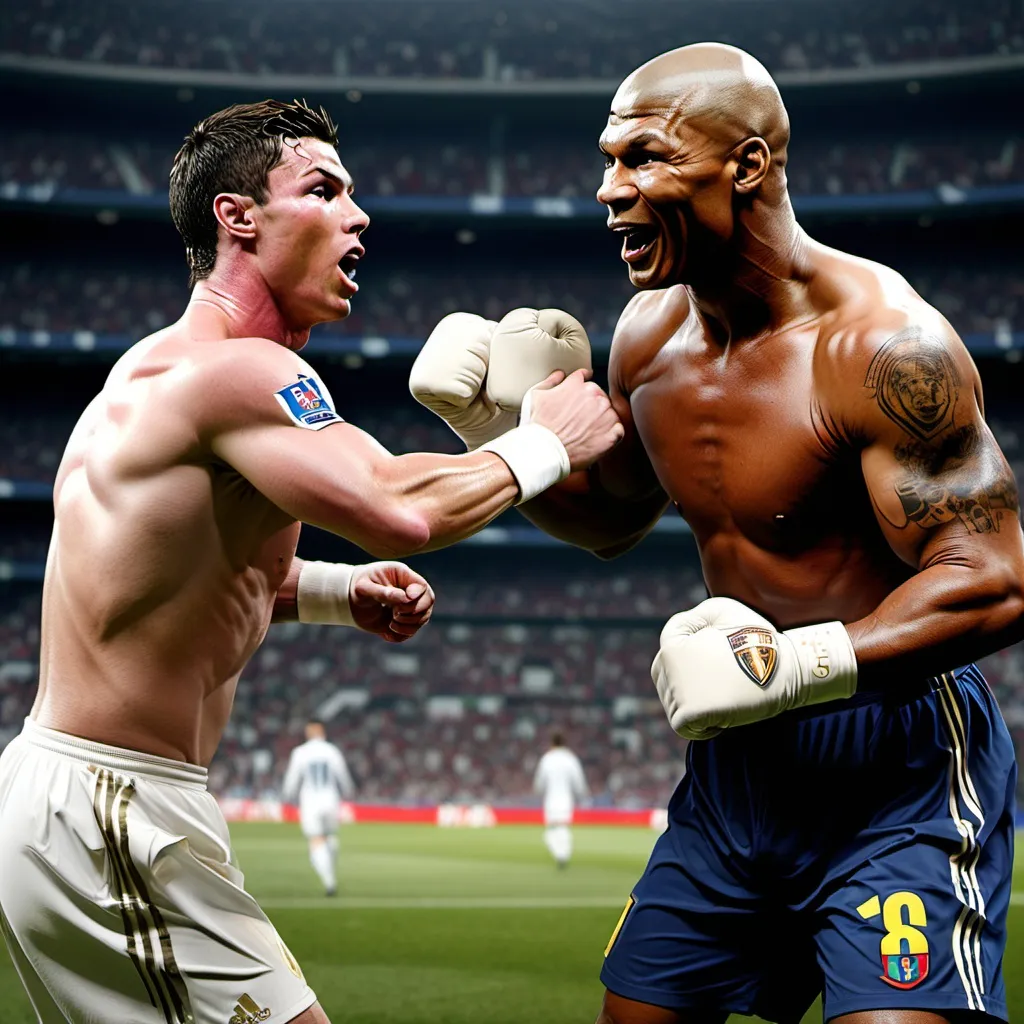 Prompt: cristiano ronaldo and mike tyson beating up messi