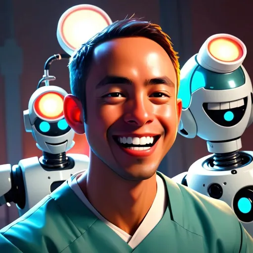 Prompt: Disney style male surgeon, happy smile, vibrant colors, sunny, future technology and robots assisting