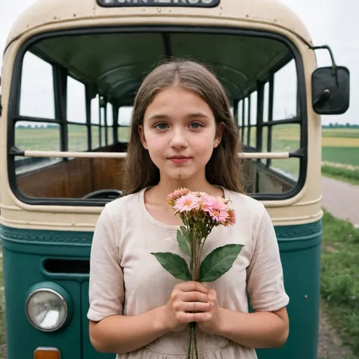 Prompt: A girl holding a flower in a old bus