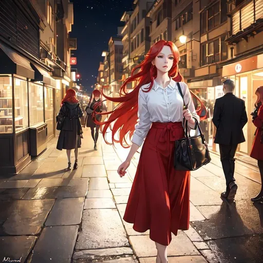 Prompt: Detailed, realistic depiction of a red-haired woman walking towards a bus station at night, serene and relaxed expression, moonlit scene, high-quality, calm atmosphere, subtle city lights, detailed hair and facial features, elegant attire, nighttime setting, moonlit, high-resolution, realistic, serene, detailed hair, peaceful expression, elegant fashion, city lights, night scene