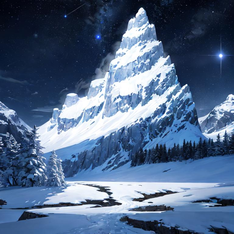 Snowy mountain pass at night, moonlit sky with stars... | OpenArt