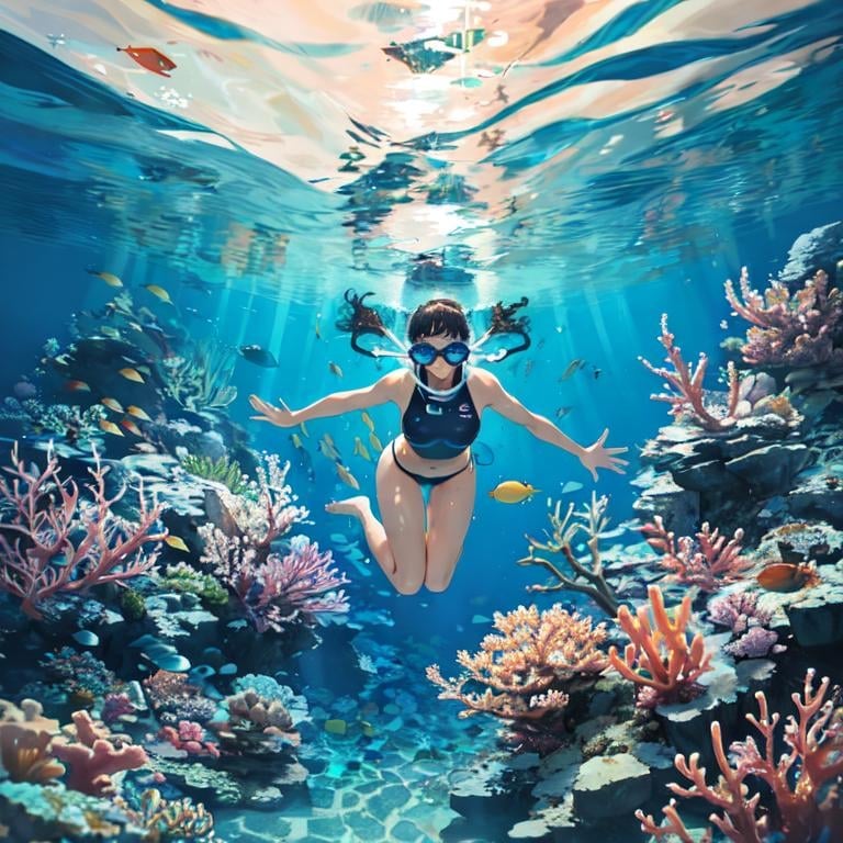Prompt: Woman swimming underwater, snorkel, fish, reef, bottom under view, hi res, ultra-detailed, underwater, marine life, detailed snorkel, tranquil, aquatic, colorful reef, clear water, detailed fish, serene scene, professional lighting