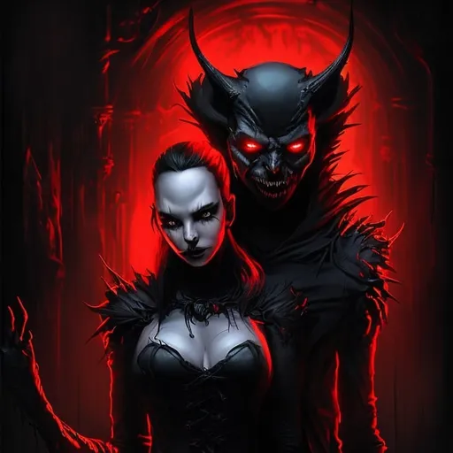 Prompt: Bloody vampire with her black cat, high-quality digital painting, detailed facial features, sinister and mysterious vibe, red and black color scheme, glowing eyes, shadowy background, professional art style, devilish, detailed cat fur, haunting lighting, sinister, eerie, detailed, highres, digital painting, professional, mysterious vibe, red and black, glowing eyes, shadowy, devilish, haunting lighting