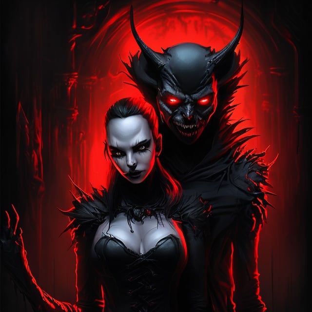 Prompt: Bloody vampire with her black cat, high-quality digital painting, detailed facial features, sinister and mysterious vibe, red and black color scheme, glowing eyes, shadowy background, professional art style, devilish, detailed cat fur, haunting lighting, sinister, eerie, detailed, highres, digital painting, professional, mysterious vibe, red and black, glowing eyes, shadowy, devilish, haunting lighting