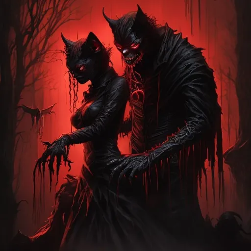 Prompt: Bloody vampire with her black cat, high-quality digital painting, detailed facial features, sinister and mysterious vibe, red and black color scheme, glowing eyes, shadowy background, professional art style, devilish, detailed cat fur, haunting lighting, sinister, eerie, detailed, highres, digital painting, professional, mysterious vibe, red and black, glowing eyes, shadowy, devilish, haunting lighting