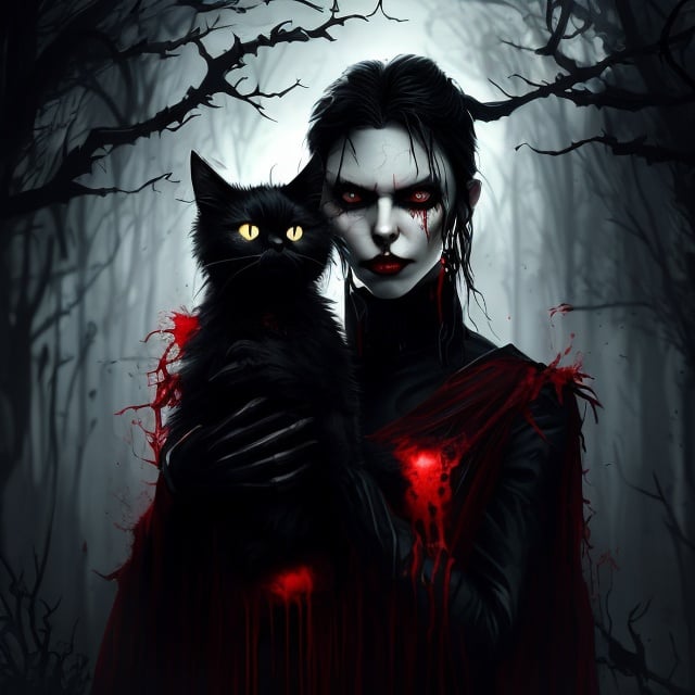 Prompt: bloody vampire with her black cat, dark and eerie atmosphere, high-quality digital painting, detailed facial features, sinister and mysterious vibe, red and black color scheme, glowing eyes, shadowy background, professional art style, devilish, detailed cat fur, haunting lighting