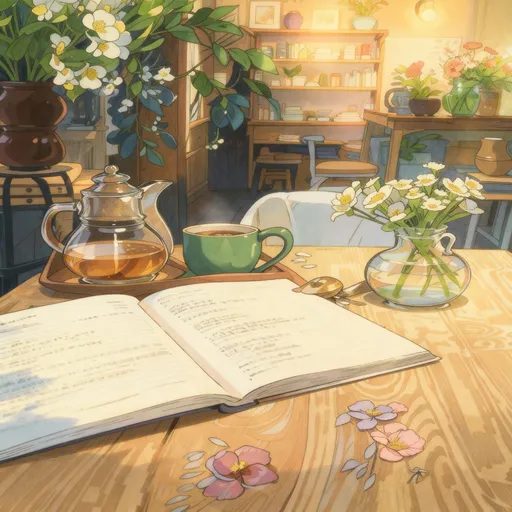 Prompt: A warm, cozy café table illustrated in a soft Ghibli-inspired art style. On the wooden table sits an open book with handwritten notes, a steaming cup of tea or coffee, a glass teapot filled with warm amber tea, a small spoon, and delicate flower petals scattered around. Fresh flowers in small vases sit on the table and nearby shelves. In the background, a softly lit room with wooden furniture, bookshelves, potted plants, and gentle evening lighting creates a peaceful, inviting atmosphere. Use warm tones, soft shadows, and detailed textures for wood, paper, and flowers. The scene should feel dreamy, calm, and nostalgic — like a quiet moment in a Studio Ghibli slice-of-life film.