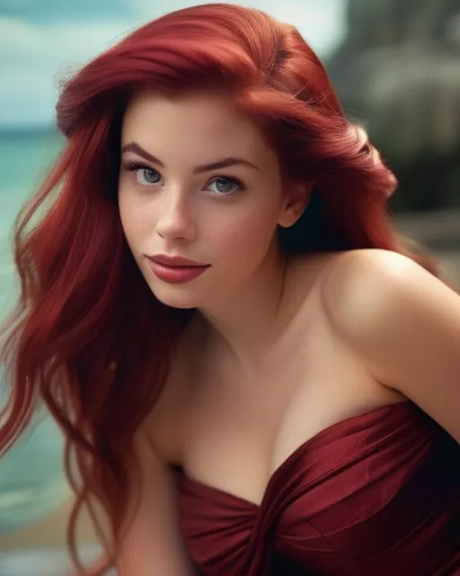 Prompt:   1990s Disney princess Ariel, Caucasian, female, beautiful, long, dark red hair, photograph, professional photoshoot , hyper realistic image