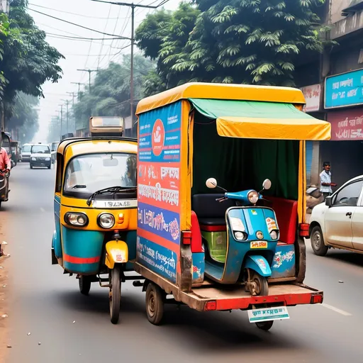 Prompt: Indian auto rickshaw with flatbed tow truck