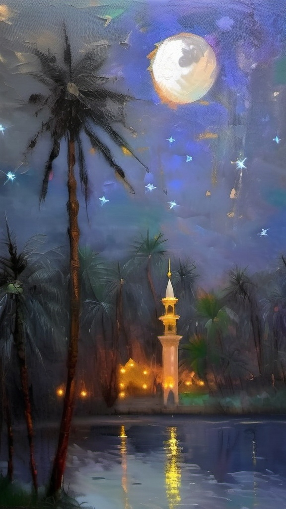 Prompt: A simple mosque right next to a River with the moon and the stars