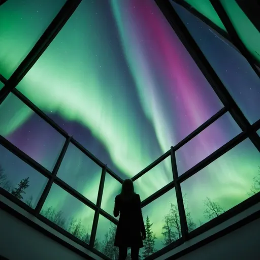 Prompt: Seeing the aurora borealis from a glass ceiling