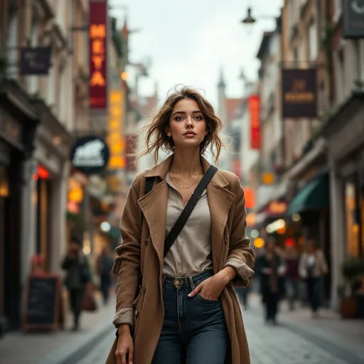Prompt: Tall young woman walking down the high street, detailed clothing, realistic, natural lighting