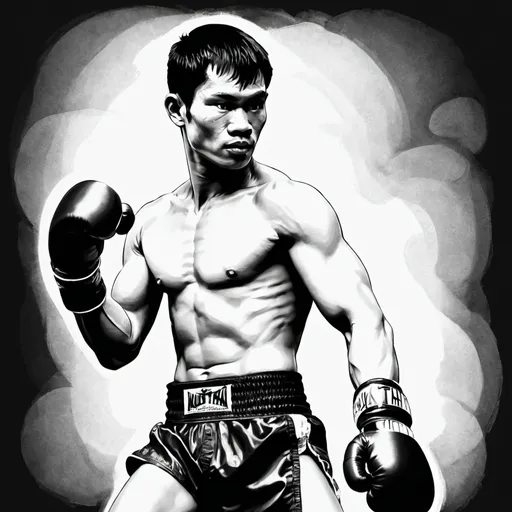 Prompt: Black and white drawing of muay thai fighter
