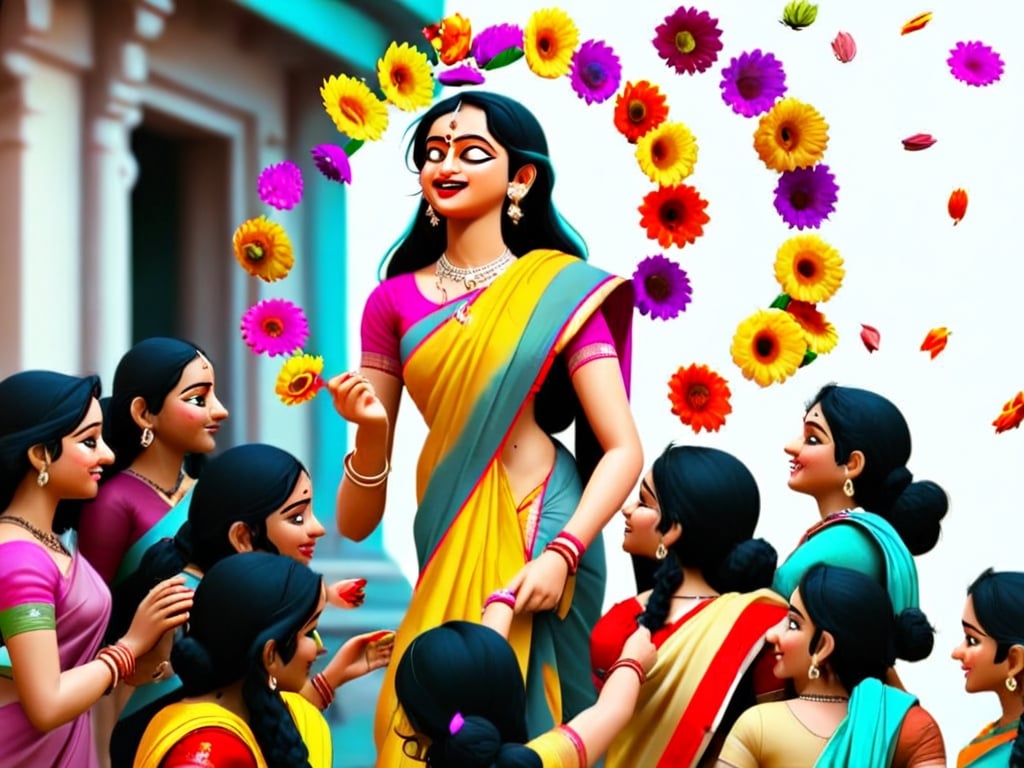 Prompt: women in sarees throwing flowers from around