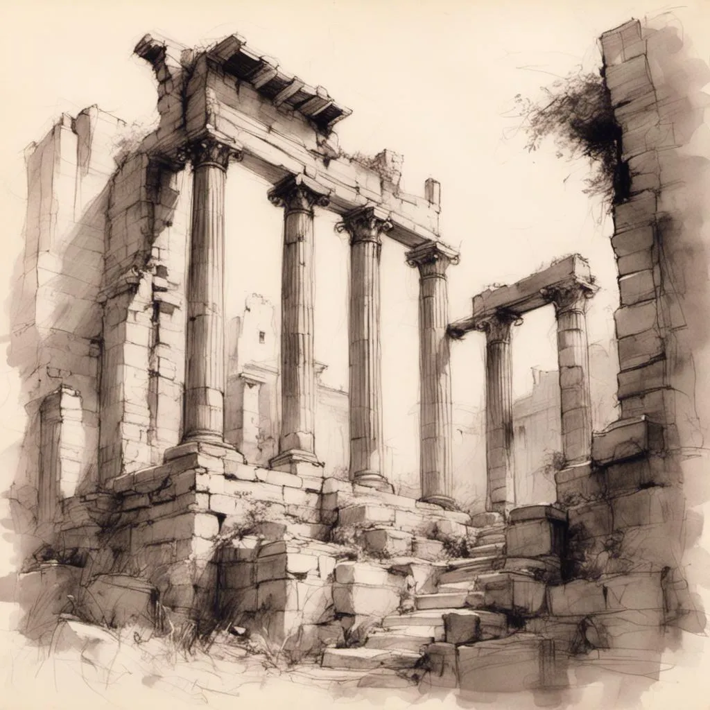 Prompt: <mymodel> pencil-sketch of a ruin of a Roman temple