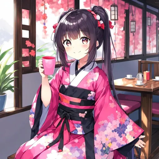 Prompt: <mymodel> in beautiful Japanese Kimono, holding a cup, smiling, restaurant background, sitting at table