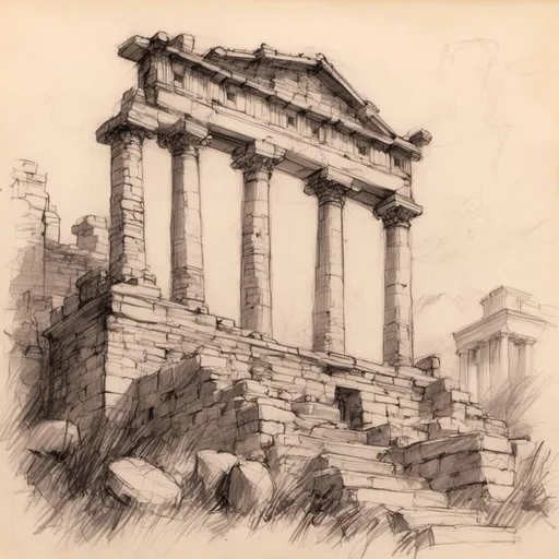 Prompt: <mymodel> pencil-sketch of a ruin of a Roman temple