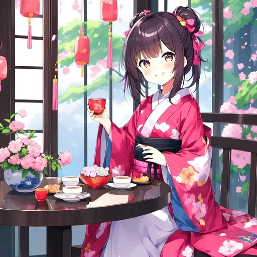 Prompt: <mymodel> in beautiful Japanese Kimono, holding a cup, smiling, restaurant background, sitting at table