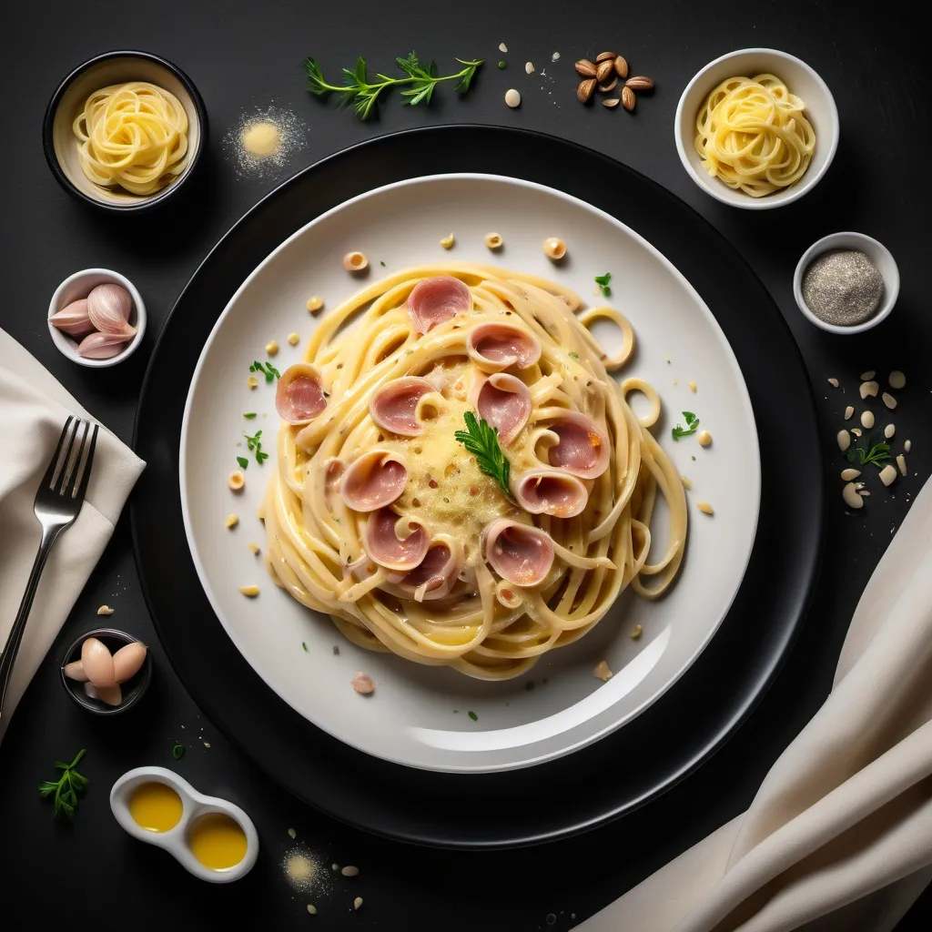 Prompt: A delicate plate of Creamy Carbonara, beautifully plated, surrounded by some ingredients, black background