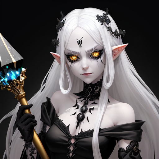 Prompt: {{black sclera}}, {{Silver eyes}}, A smug young elf woman in a {Black and Gold saintess dress}, {{Pure white Hair}}, {{holding a necromantic staff with a crystal skull with burning eyes}}, on an empty background, intricate detail, high quality, 