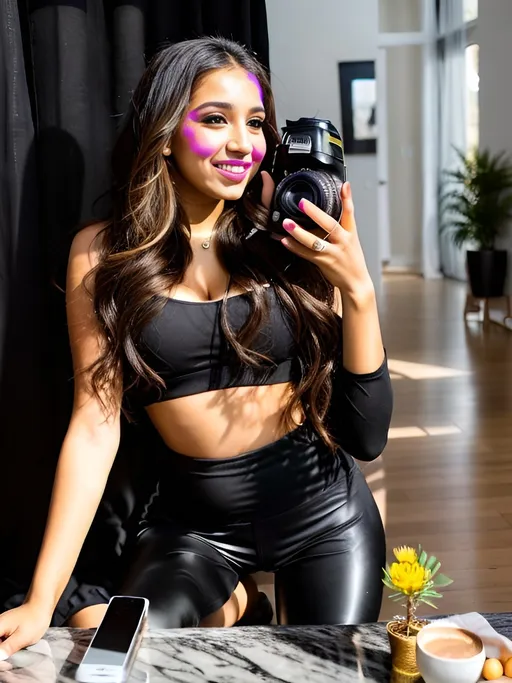 Prompt: Imane Anys (Pokimane) in black leggings, Canadian-Moroccan ethnicity, close-up portrait, high dynamic range, natural makeup, bright smile, high-quality photography, modern fashion, casual style, confident expression, professional lighting, indoor setting, detailed features, warm tones, cheerful atmosphere