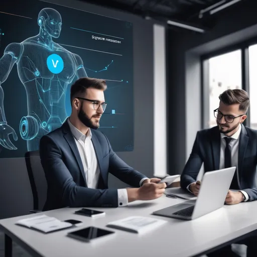 Prompt: Create image for IT Recruitment company showing smart AI skilled professionals to find right job for right candidate when people are laid off due to AI