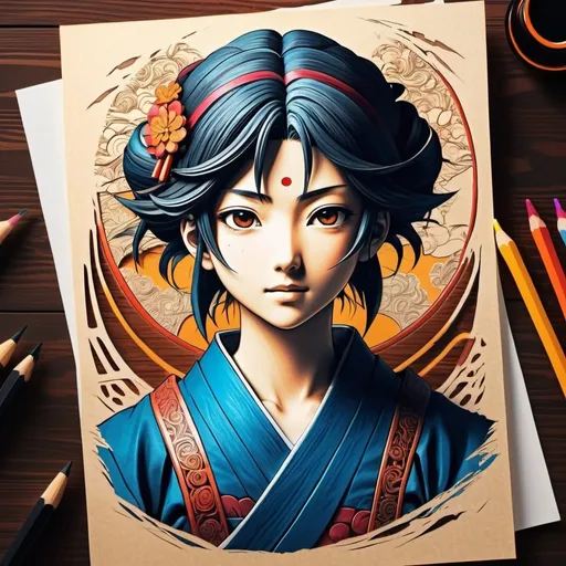 Prompt: Japanese anime colorful realistic perfect paper join wood, dark background, zoom intricate details, contrasted bright in Renaissance, luminism, 3d render perfect Sketch, caucasian, Contrast, Depth, 