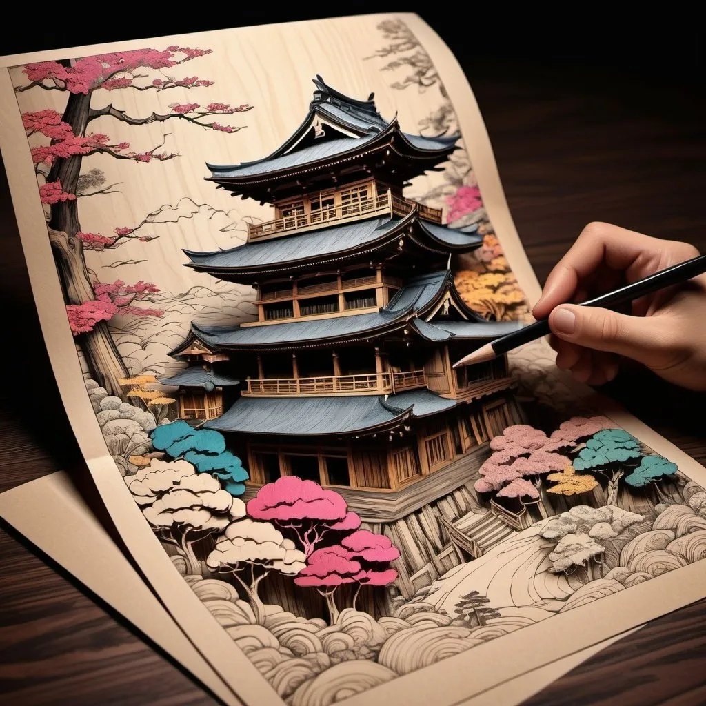 Prompt: Japanese anime colorful realistic perfect paper join wood, dark background, zoom intricate details, contrasted bright in Renaissance, luminism, 3d render perfect Sketch, caucasian, Contrast, Depth, 