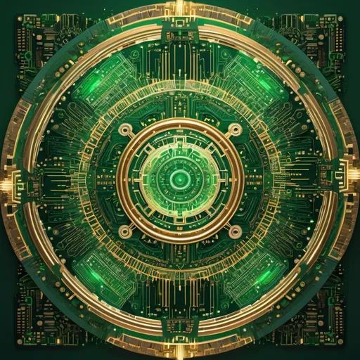 Prompt: Mandala of circuit boards, intricate patterns, metallic gold and green hues, digital art, high-tech, detailed, symmetrical design, vibrant green, luxurious gold, intricate details, professional, highres, modern, futuristic, glowing green accents, ornate, metallic sheen, professional lighting