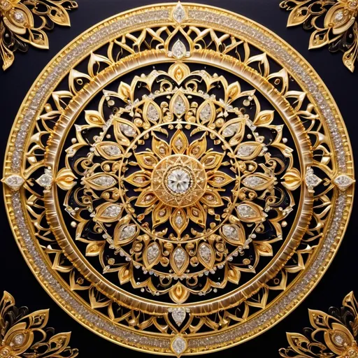 Prompt: Mandala of gold and diamonds, intricate geometric patterns, luxurious materials, high quality, detailed, intricate, opulent, radiant gold, sparkling diamonds, rich color tones, radiant lighting, detailed craftsmanship, luxurious, ornate design, regal elegance