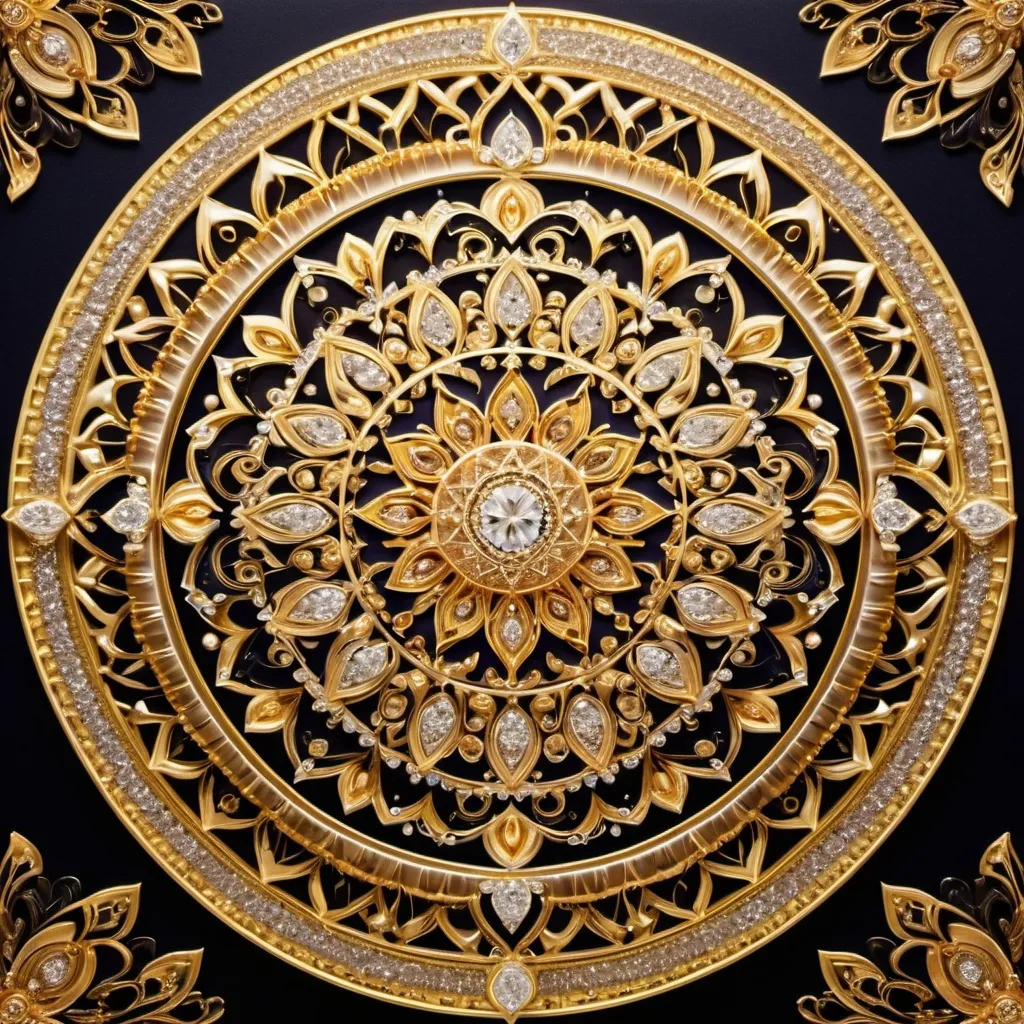 Prompt: Mandala of gold and diamonds, intricate geometric patterns, luxurious materials, high quality, detailed, intricate, opulent, radiant gold, sparkling diamonds, rich color tones, radiant lighting, detailed craftsmanship, luxurious, ornate design, regal elegance