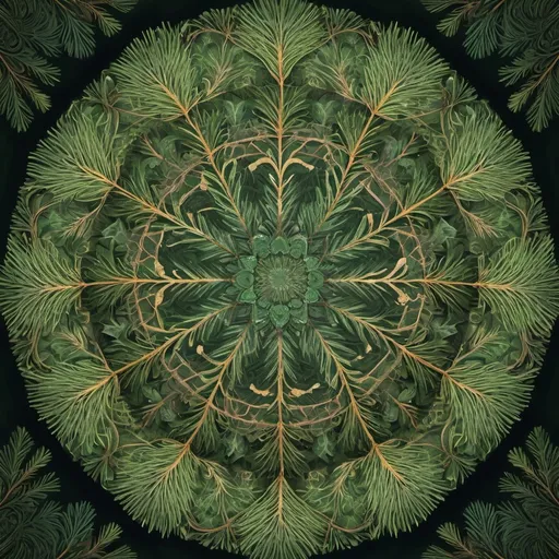 Prompt: Mandala of pine trees, intricate patterns, detailed pine needles, intricate design, high quality, digital art, serene, calming color tones, natural lighting