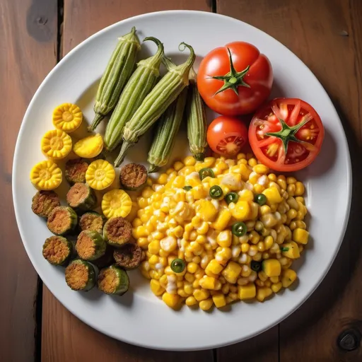 Prompt: Southern cuisine plate with creamed corn, fried okra, yellow squash, fresh tomatoes, high quality, realistic, vibrant colors, warm lighting, detailed textures, traditional, wholesome