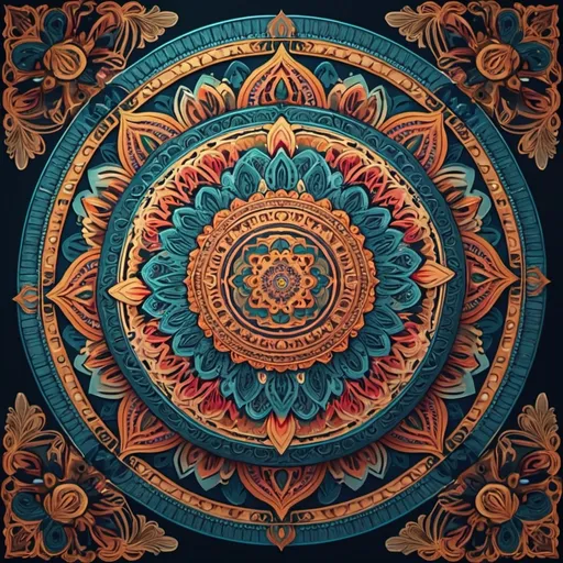 Prompt: Mandala with intricate geometric patterns, detailed linework, cool colors, traditional art style, vibrant, ornate details, symmetrical design, intricate floral motifs, high quality, professional, warm lighting, radiant glow, cool tones, traditional art, professional, 4k, ultra-detailed, intricate design, vibrant colors, detailed linework, symmetrical, ornate details, warm lighting