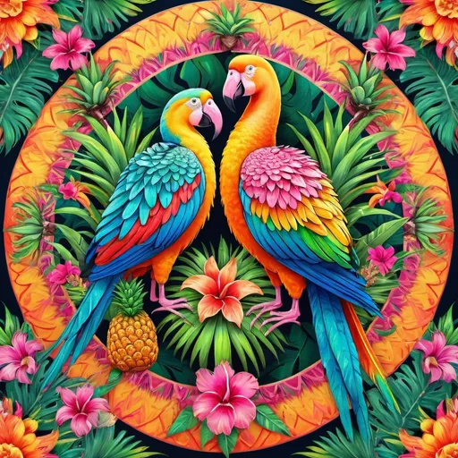 Prompt: Mandala of parrots, pineapples, and flamingos, vibrant and tropical, detailed feathers and scales, high quality, digital illustration, bright and colorful, tropical vibes, intricate patterns, exotic birds, juicy pineapples, artistic, tropical paradise, vivid colors, detailed mandala design, professional, tropical, vibrant lighting