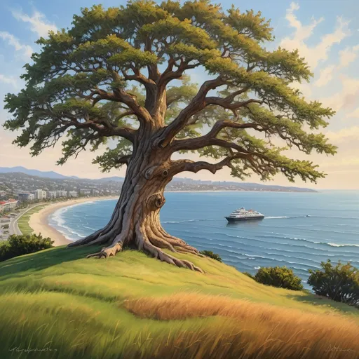 Prompt: Large oak tree on grass hill overlooking ocean and city shoreline, high quality, realistic painting, vibrant colors, natural lighting, detailed tree bark, scenic landscape, peaceful atmosphere, coastal, traditional art style, warm tones, realistic details, serene ambiance