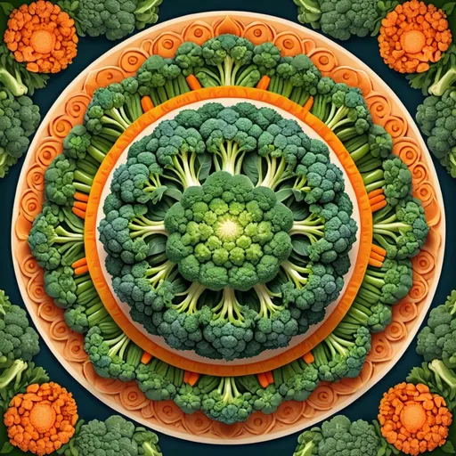 Prompt: Mandala of broccoli, cauliflower, and carrots, vibrant vegetable colors, intricate patterns and details, high quality, digital art, vibrant colors, detailed vegetable patterns, organic design, symmetrical composition, artistic, bright and natural lighting