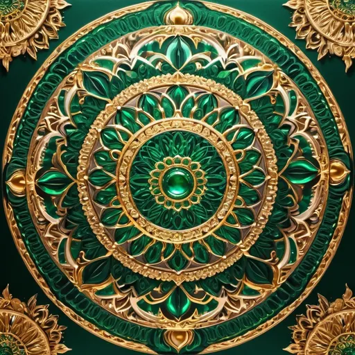Prompt: Majestic, intricate mandala with radiant gold and shimmering emeralds, high quality, detailed, vibrant colors, intricate design, luxurious materials, gold and emerald, ornate patterns, ornamental, fine craftsmanship, symmetrical, opulent, mystical lighting