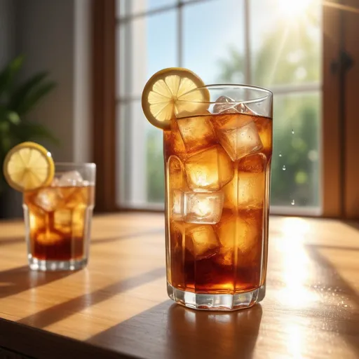 Prompt: Tall clear tumbler of iced tea in a sunlit room, refreshing condensation, high quality, realistic, bright and airy, detailed sunlight streaming through, translucent liquid with ice, condensation droplets, cozy atmosphere, summer vibes, natural lighting, realistic glass texture, vibrant and warm tones, detailed ice cubes, refreshing, leisurely, inviting ambiance