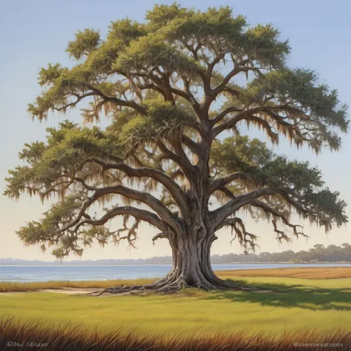 Prompt: Live oak tree and grassy island viewed from land shore, realistic painting, peaceful and serene, warm earthy tones, natural lighting, high detail, traditional art style, tranquil atmosphere, detailed leaves, textured bark, realistic grass, realistic landscape, scenic view, high quality, traditional painting, peaceful, earthy tones, natural lighting