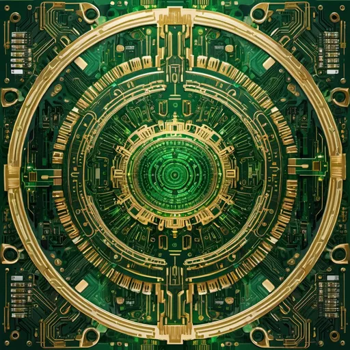 Prompt: Mandala of circuit boards, intricate patterns, metallic gold and green hues, digital art, high-tech, detailed, symmetrical design, vibrant green, luxurious gold, intricate details, professional, highres, modern, futuristic, glowing green accents, ornate, metallic sheen, professional lighting