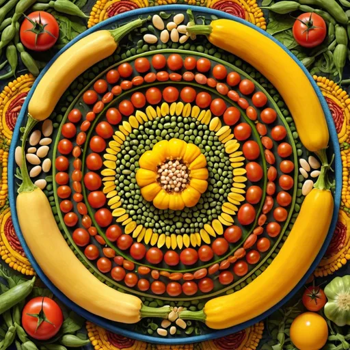 Prompt: Mandala arrangement of vibrant field peas, yellow summer squash, and tomatoes, intricate patterns and detailed textures, high quality, digital painting, vibrant colors, warm and inviting lighting, detailed vegetables, botanical art, colorful, natural, organic, intricate patterns, summer harvest, warm tones