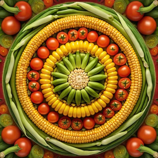 Prompt: Mandala of corn, okra, yellow summer squash, tomatoes, vibrant colors, detailed vegetable patterns, high quality, digital art, warm tones, soft lighting