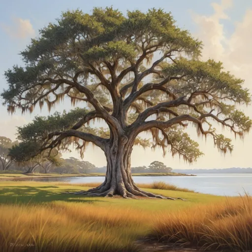 Prompt: Live oak tree and grassy island viewed from land shore, realistic painting, peaceful and serene, warm earthy tones, natural lighting, high detail, traditional art style, tranquil atmosphere, detailed leaves, textured bark, realistic grass, realistic landscape, scenic view, high quality, traditional painting, peaceful, earthy tones, natural lighting