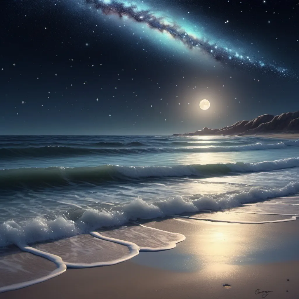 Prompt: Nighttime beach scene with galaxies close by, realistic digital painting, tranquil waves, serene atmosphere, high definition, realistic, galaxies, nighttime, beach, serene, digital painting, tranquil waves, stars, moonlit, calming, peaceful, atmospheric lighting