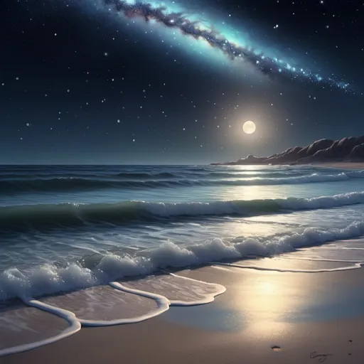 Prompt: Nighttime beach scene with galaxies close by, realistic digital painting, tranquil waves, serene atmosphere, high definition, realistic, galaxies, nighttime, beach, serene, digital painting, tranquil waves, stars, moonlit, calming, peaceful, atmospheric lighting